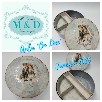 Caixa redonda metálica decorada com imagem vintage de crianças e texto Paris