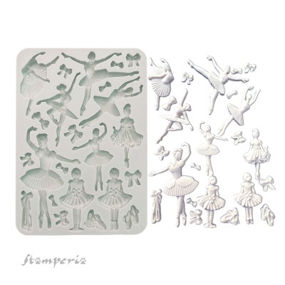 Molde de silicone branco com figuras de bailarinas e sapatos e figuras moldadas de bailarinas