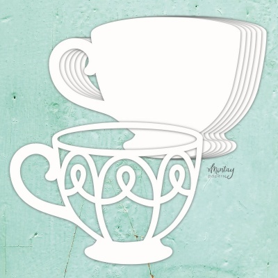 Recortes de papel em forma de chávenas de chá brancas sobre fundo verde claro