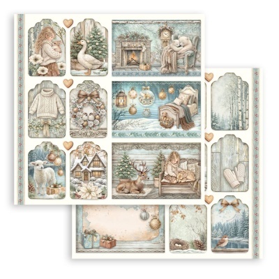 Etiquetas decorativas com temas de inverno e Natal em tons suaves.