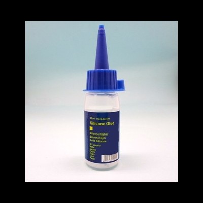 Frasco pequeno de cola de silicone transparente com tampa azul e rótulo azul escuro