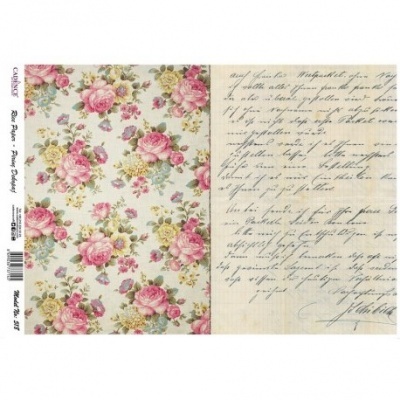 Papel decorativo com padrão floral rosa e texto manuscrito vintage creme
