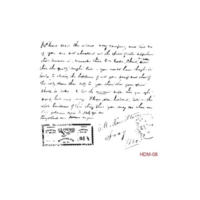 Padrão com escrita manuscrita antiga, carimbo postal dos EUA e código HDM-08