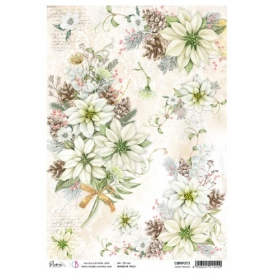 Papel decorativo com flores brancas, pinhas e ramos em fundo bege texturizado