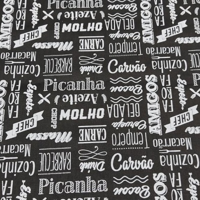 Padrão com palavras relacionadas a churrasco em preto e branco