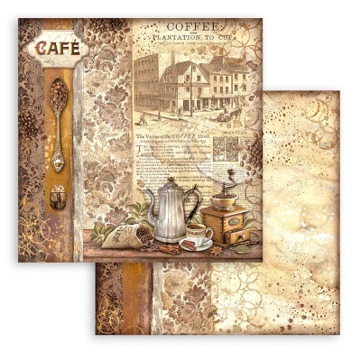 Papel decorativo com tema café e objetos vintage em tons bege e castanho