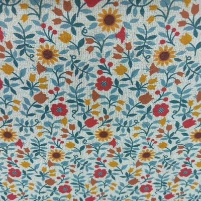 Tecido estampado floral com cores vermelha, amarela, castanha e verde em fundo bege