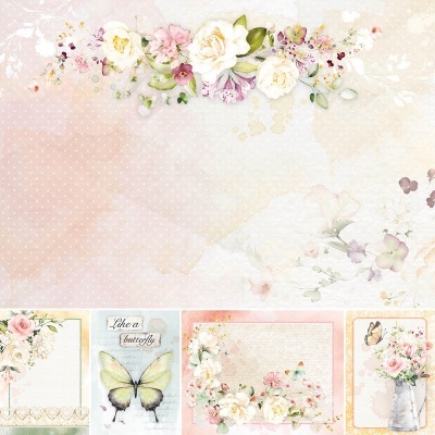 Fundo decorativo com flores, borboleta e texto 'Like a butterfly' em tons pastel