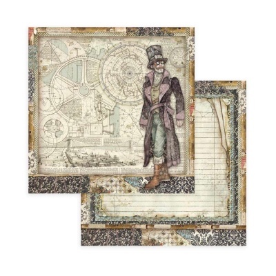 Papel decorativo steampunk com personagem vitoriano e elementos de maquinaria