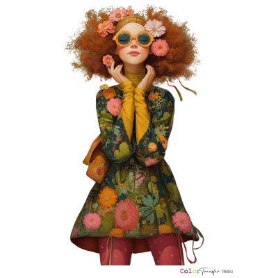 Mulher com vestido floral, luvas amarelas, óculos de sol amarelos, cabelo ruivo com flores, fundo preto.