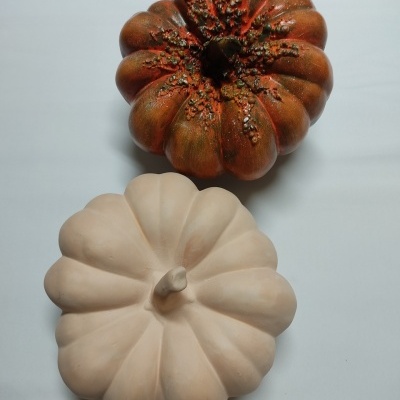 Duas abóboras decorativas castanha e creme sobre fundo branco