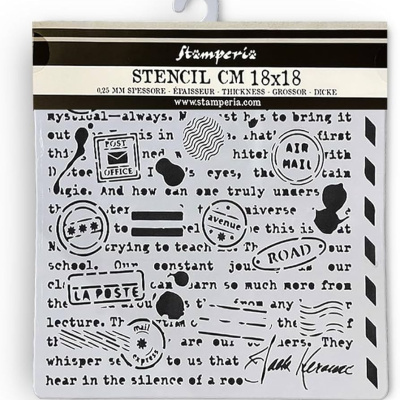 Stencil branco com design preto de texto e carimbos postais e embalagem com etiqueta preta e branca