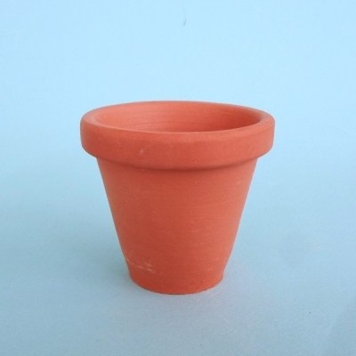 Vaso de flores de terracota laranja-avermelhado com fundo azul