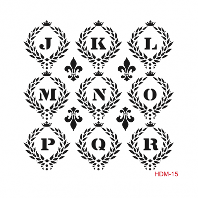 Letras J a R em coroas de louros com símbolos florais, texto HDM-15