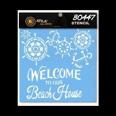 Stencil azul com desenhos navais e texto 'Welcome to our Beach House'