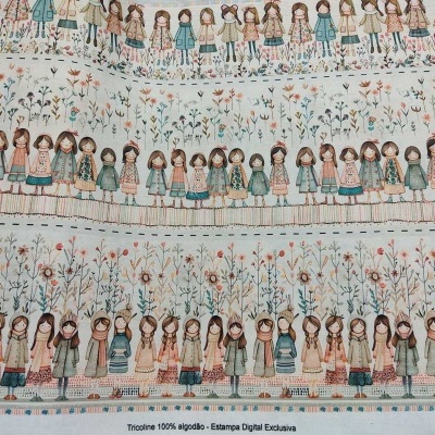 Tecido algodão com padrão ilustrado de meninas e flores