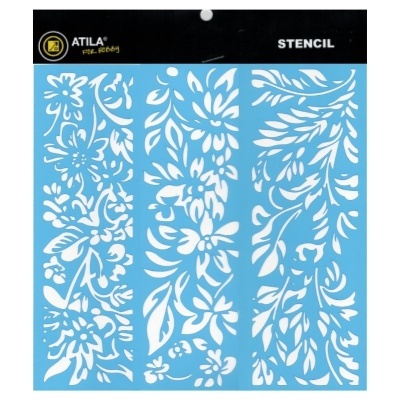 Stencil azul com desenhos florais em embalagem preta com texto branco