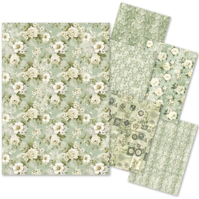 Folhas de papel decorativo com padrões florais verdes e bege