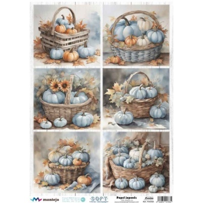 Seis imagens de cestos com abóboras azuis, brancas e laranja e folhas secas