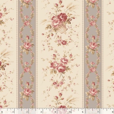 Papel de parede floral clássico tons rosa, bege e cinza com padrão em faixas verticais