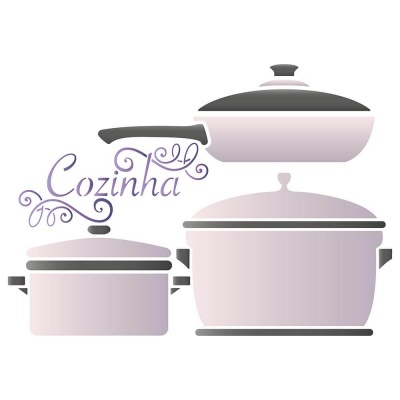 Três tachos de cozinha lilás com tampas e a palavra 'Cozinha' decorativa