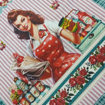 tecido vintage com mulher a servir comida, riscas, flores vermelhas e toalha xadrez azul