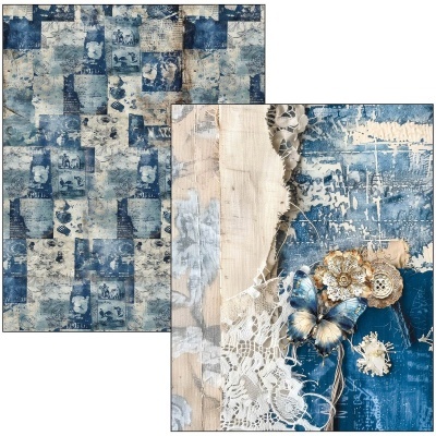 Folhas de papel decorativo com padrões vintage em azul e bege
