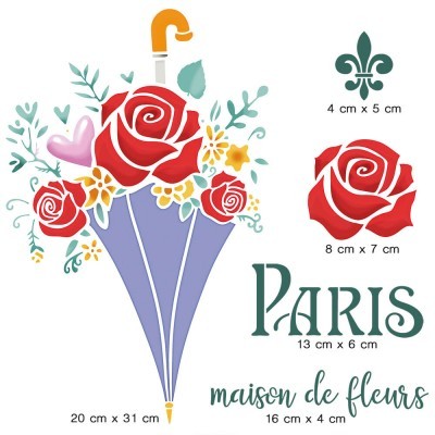 Ilustração de guarda-chuva com rosas e texto em francês e medidas.
