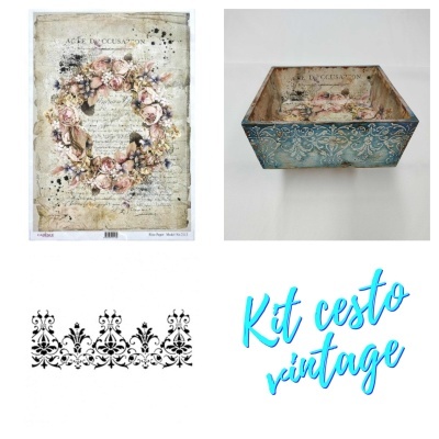 Kit cesto vintage com papel decorativo, caixa de madeira azul com padrão ornamental e estêncil preto