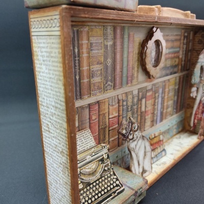 Caixa decorativa com estampa de estante de livros e gato