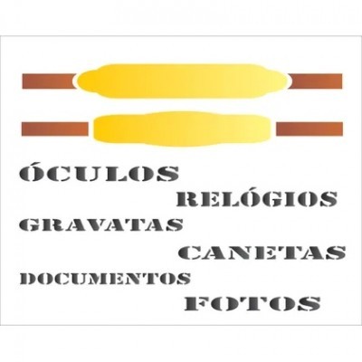 Palavras listando tipos de objetos em fundo branco com faixas amarelas e castanhas