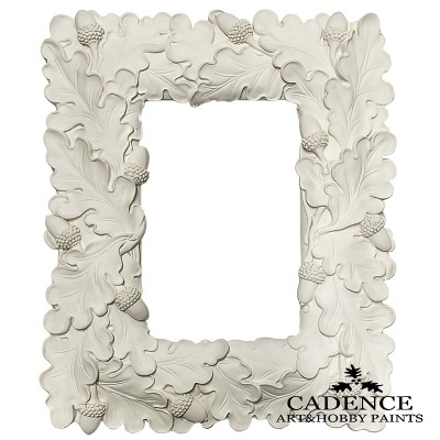 Moldura creme decorativa com folhas e bolotas em relevo e logo CADENCE