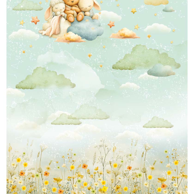 Papel decorativo com animais de pelúcia a dormir em nuvem e campo de flores
