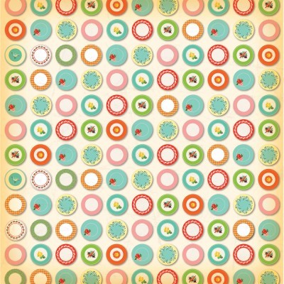 Padrão repetitivo de círculos coloridos com pequenos desenhos florais e de frutas sobre fundo bege