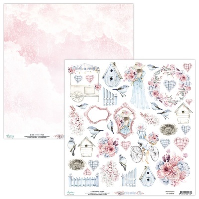 Papel decorativo para scrapbooking com motivos florais, pássaros e casinhas de passarinho