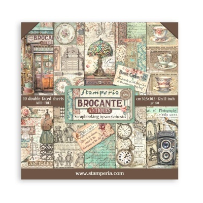 Folhas de papel para scrapbook com design vintage de antiguidades e elementos retro em tons pastel.