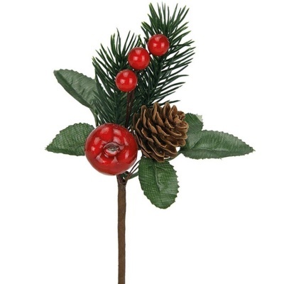 Raminho decorativo com bagas vermelhas, folhas verdes e cone de pinheiro.