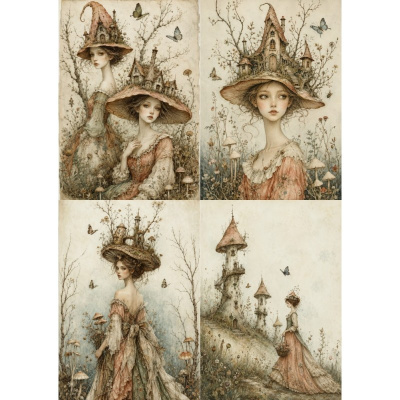 Ilustrações artísticas de mulheres com chapéus de castelos, roupas vintage e cenário natural com flores e borboletas.