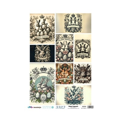 Ilustrações vintage de coelhos com ovos de Páscoa e textes em inglês, espanhol e holandês