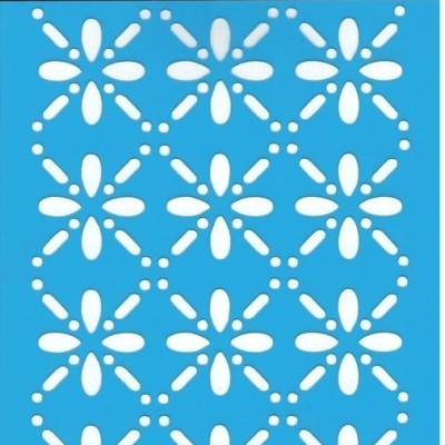 Stencil plástico azul padrão floral em embalagem preta com texto