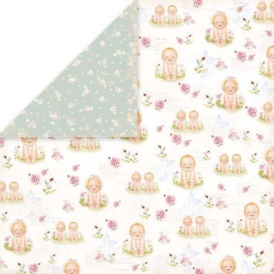 Papel decorativo com bebés e flores em tons pastel e reverso com flores pequenas em fundo verde-azulado
