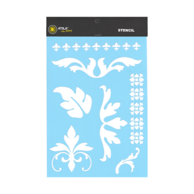 Stencil azul com desenhos decorativos brancos e embalagem preta com texto