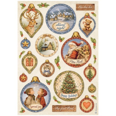 Autocolantes de Natal com desenhos de rena, casas na neve, ursinho, presente, gato, árvore de Natal, estrelas, duendes, Pai Natal, coração e folhas de azevinho, com textos em inglês e francês.