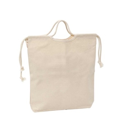Mala de tecido bege com alças e cordões