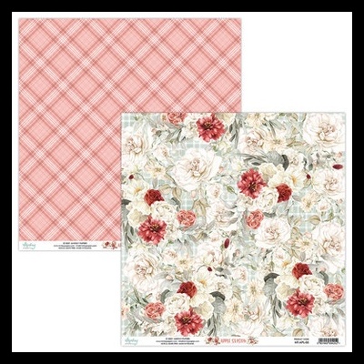 Papel decorativo de scrapbooking com padrão xadrez rosa e branco de um lado e padrão floral com rosas brancas e vermelhas do outro lado.