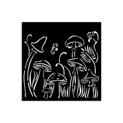 Desenho artístico branco de cogumelos e plantas sobre fundo preto