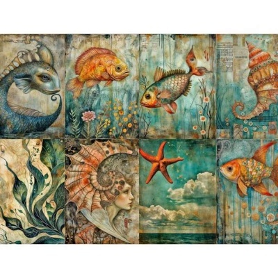 Conjunto de oito painéis artísticos marinhos com peixes, caracóis, estrela-do-mar e figura humana com capacete de concha, em tons azuis, alaranjados e verdes.