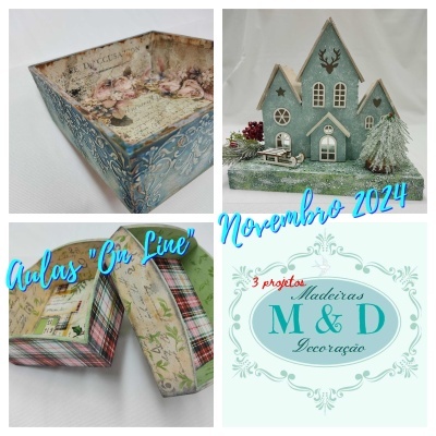 Caixas decorativas com padrões variados e casinha decorativa azul com tema natalício e texto promocional.