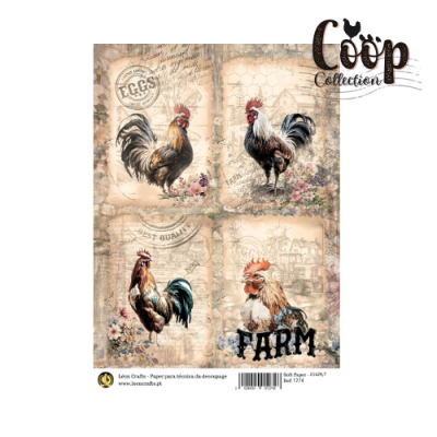Papel decorativo com galos e elementos rurais, texto 'EGGS' e 'FARM'