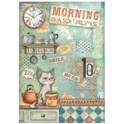 Ilustração com relógio, utensílios de cozinha, gato e texto MORNING IS A SOFT PROMISE